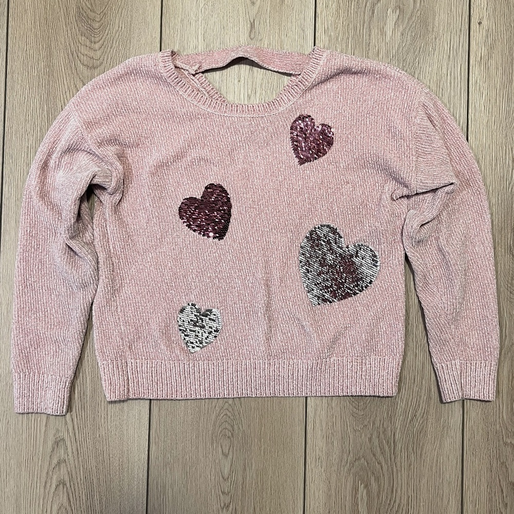 🛍️ 3 for $25 🛍️ - EUC - Justice Soft Pink Crewneck Sweater with Sequin Hearts